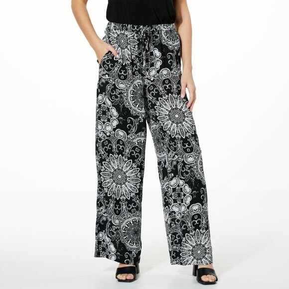 One World Printed Pull On Tie Waist Pants Size XL Black Medallion Bohemian NEW - Picture 1 of 9